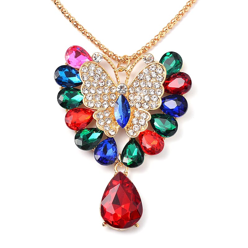 Multi Glass and Austrian Crystal Flower Necklace 29-31 Inches in Goldtone