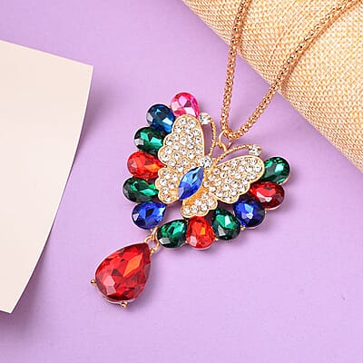Multi Glass and Austrian Crystal Flower Necklace 29-31 Inches in Goldtone