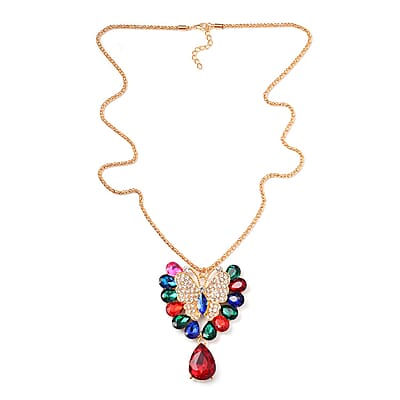 Multi Glass and Austrian Crystal Flower Necklace 29-31 Inches in Goldtone