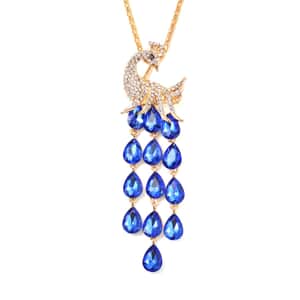 Blue Glass, Black and White Austrian Crystal Peacock Necklace 29-31 Inches in Goldtone