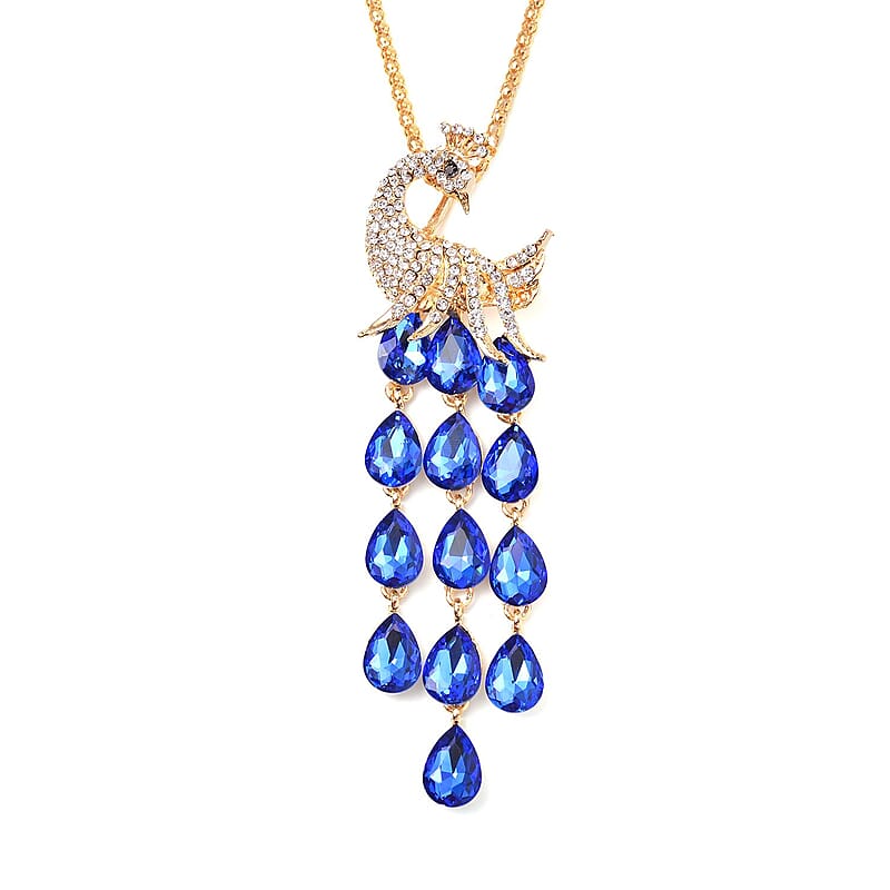Blue Glass, Black and White Austrian Crystal Peacock Necklace 29-31 Inches in Goldtone