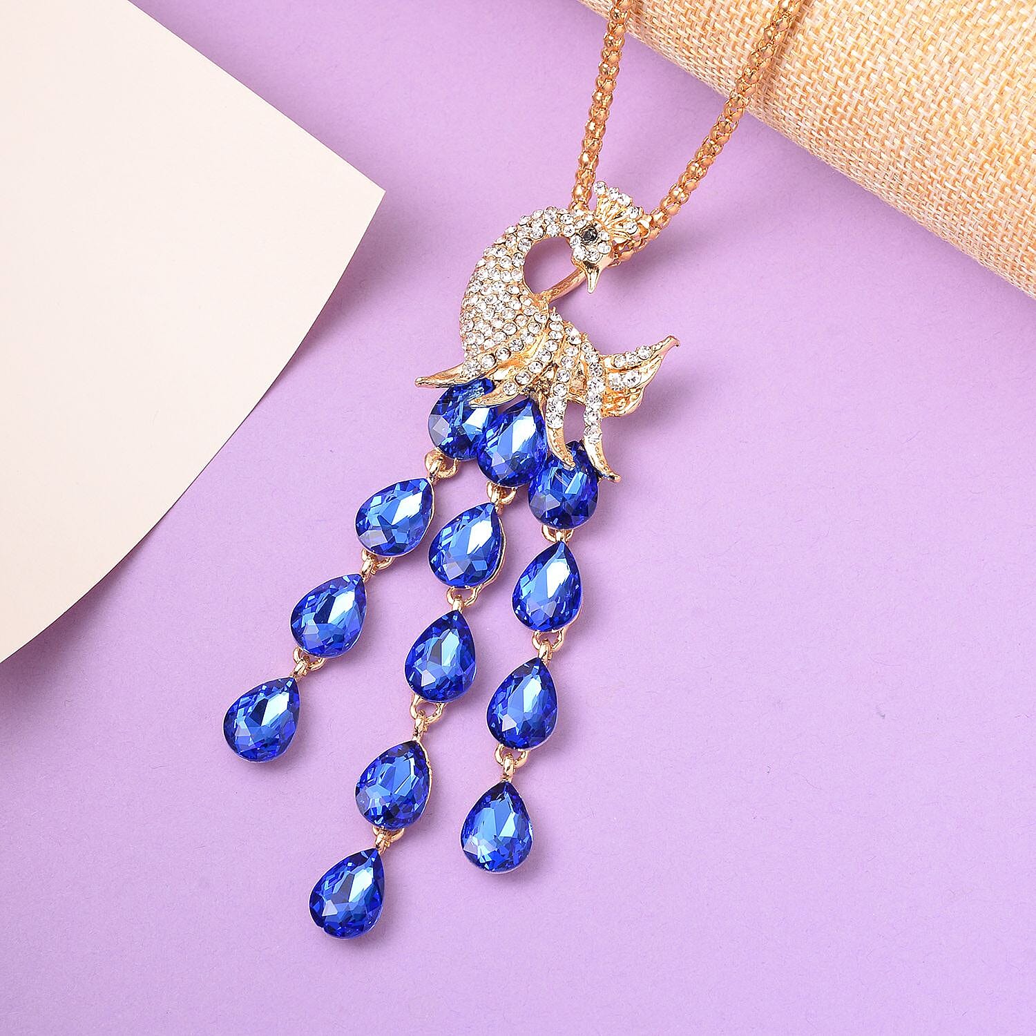 Blue Glass, Black and White Austrian Crystal Peacock Necklace 29-31 Inches in Goldtone