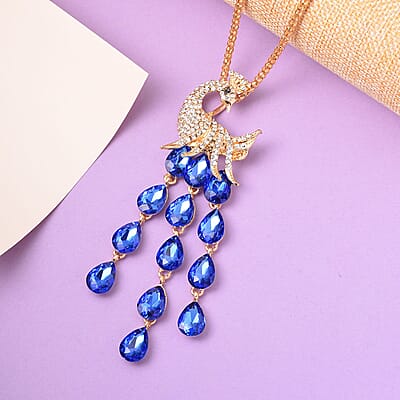 Blue Glass, Black and White Austrian Crystal Peacock Necklace 29-31 Inches in Goldtone