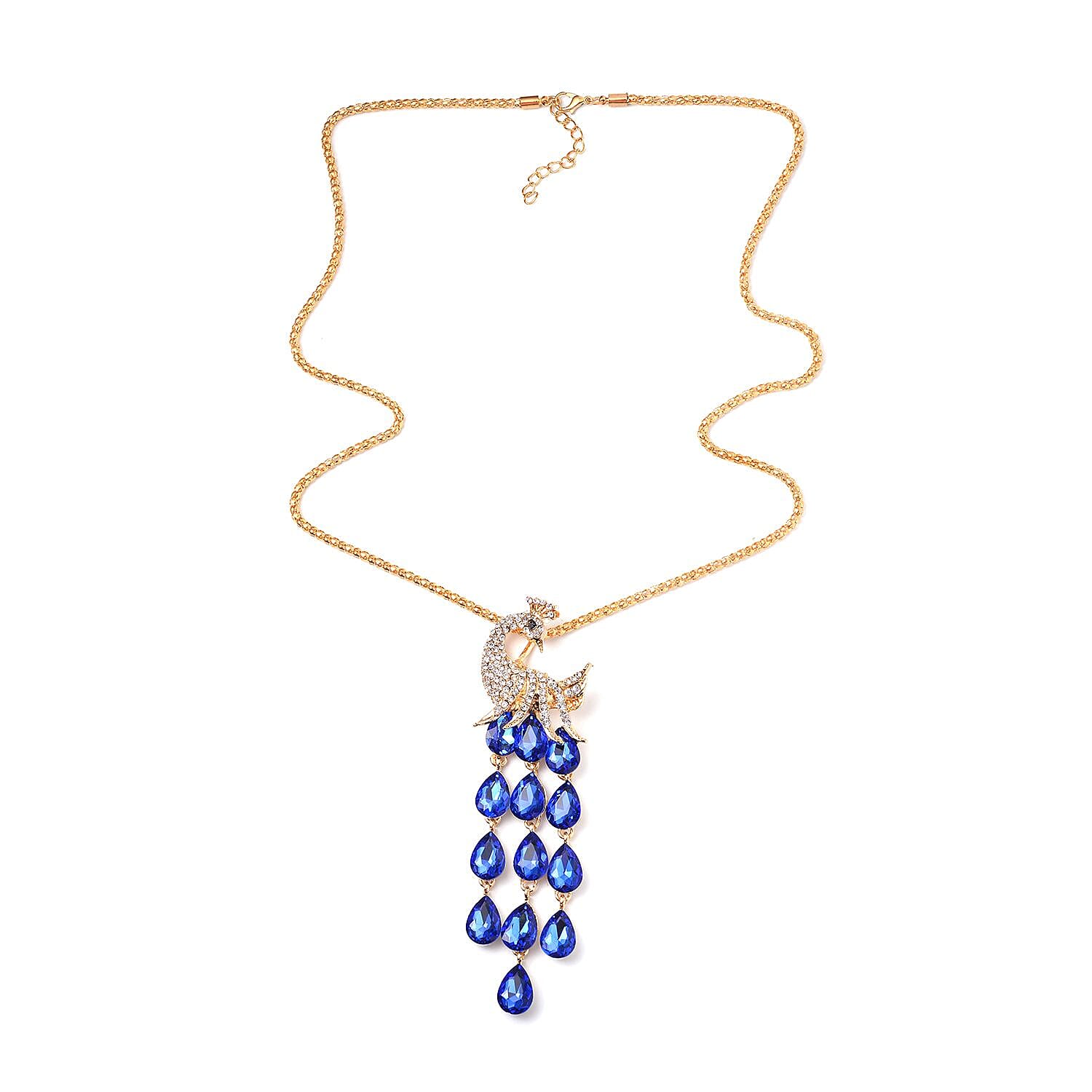 Blue Glass, Black and White Austrian Crystal Peacock Necklace 29-31 Inches in Goldtone