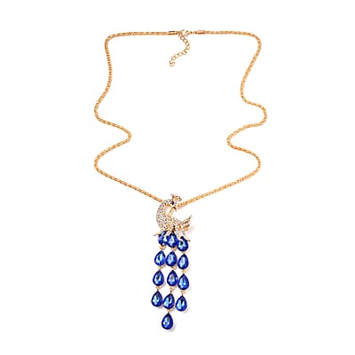 Blue Glass, Black and White Austrian Crystal Peacock Necklace 29-31 Inches in Goldtone