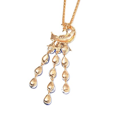 Blue Glass, Black and White Austrian Crystal Peacock Necklace 29-31 Inches in Goldtone