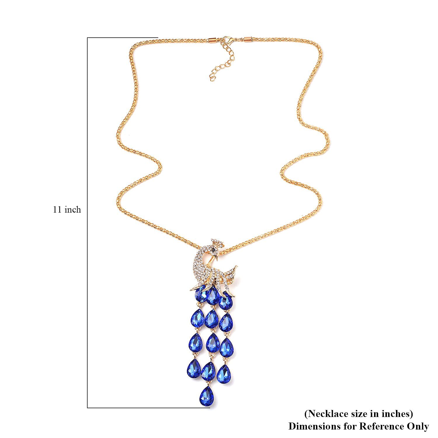 Blue Glass, Black and White Austrian Crystal Peacock Necklace 29-31 Inches in Goldtone