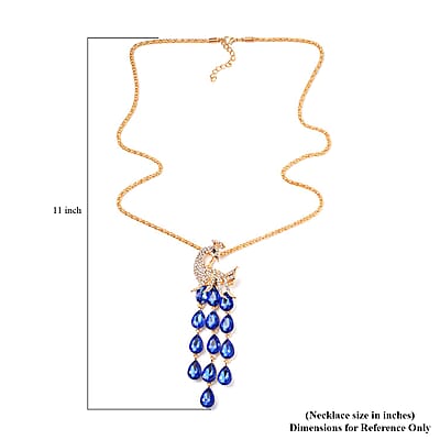 Blue Glass, Black and White Austrian Crystal Peacock Necklace 29-31 Inches in Goldtone