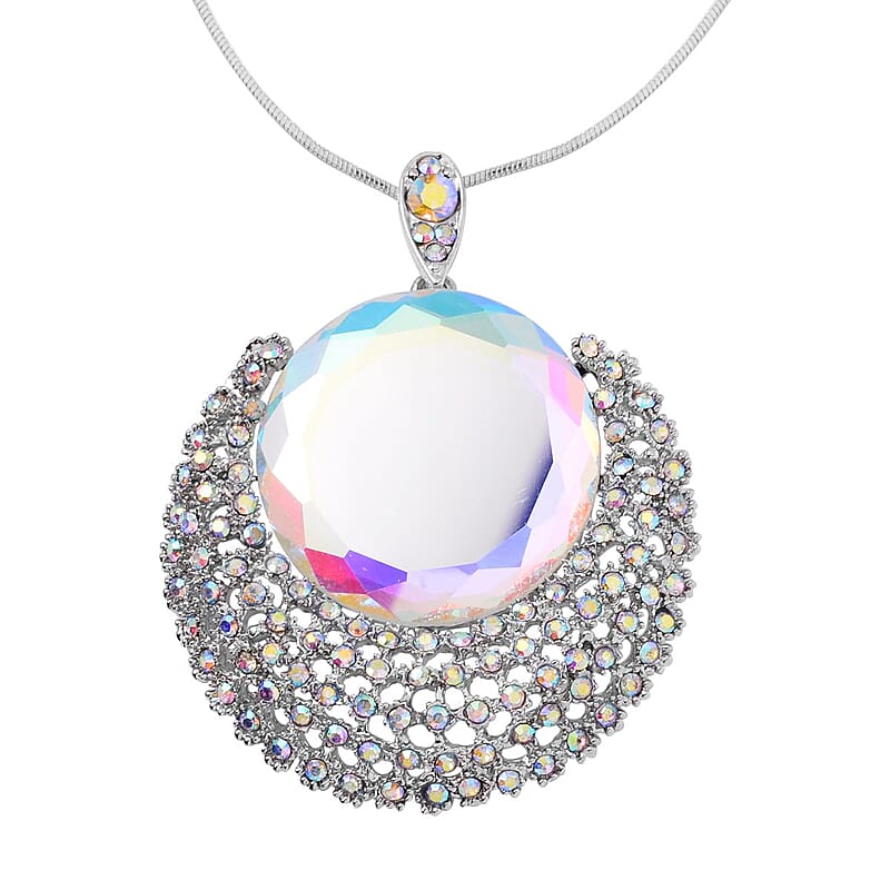 White Mystic Color Glass and Simulated Mystic White Crystal Necklace 29-31 Inches in Silvertone
