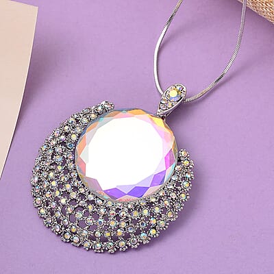 White Mystic Color Glass and Simulated Mystic White Crystal Necklace 29-31 Inches in Silvertone