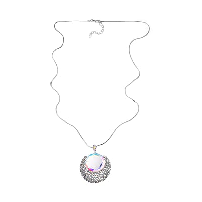 White Mystic Color Glass and Simulated Mystic White Crystal Necklace 29-31 Inches in Silvertone