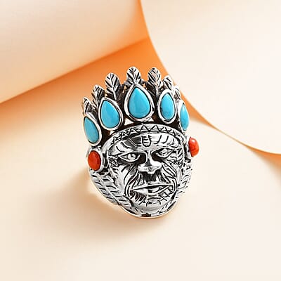 Artisan Crafted Sleeping Beauty Turquoise and Mediterranean Coral Chief Ring in Sterling Silver (Size 10.0) 3.15 ctw