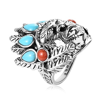 Artisan Crafted Sleeping Beauty Turquoise and Mediterranean Coral Chief Ring in Sterling Silver (Size 10.0) 3.15 ctw