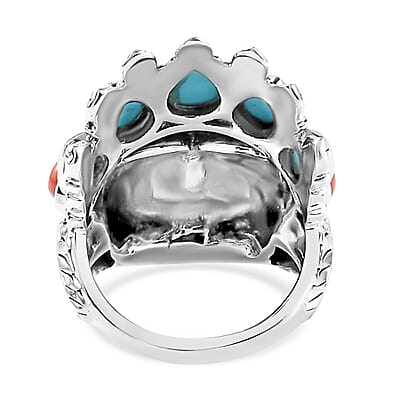 Artisan Crafted Sleeping Beauty Turquoise and Mediterranean Coral Chief Ring in Sterling Silver (Size 10.0) 3.15 ctw