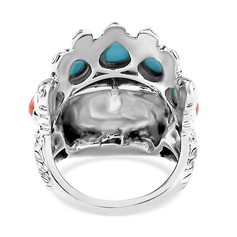 Artisan Crafted Sleeping Beauty Turquoise and Mediterranean Coral Chief Ring in Sterling Silver (Size 10.0) 3.15 ctw