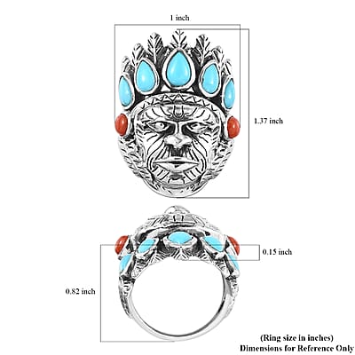 Artisan Crafted Sleeping Beauty Turquoise and Mediterranean Coral Chief Ring in Sterling Silver (Size 10.0) 3.15 ctw