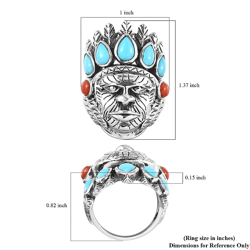 Artisan Crafted Sleeping Beauty Turquoise and Mediterranean Coral Chief Ring in Sterling Silver (Size 10.0) 3.15 ctw