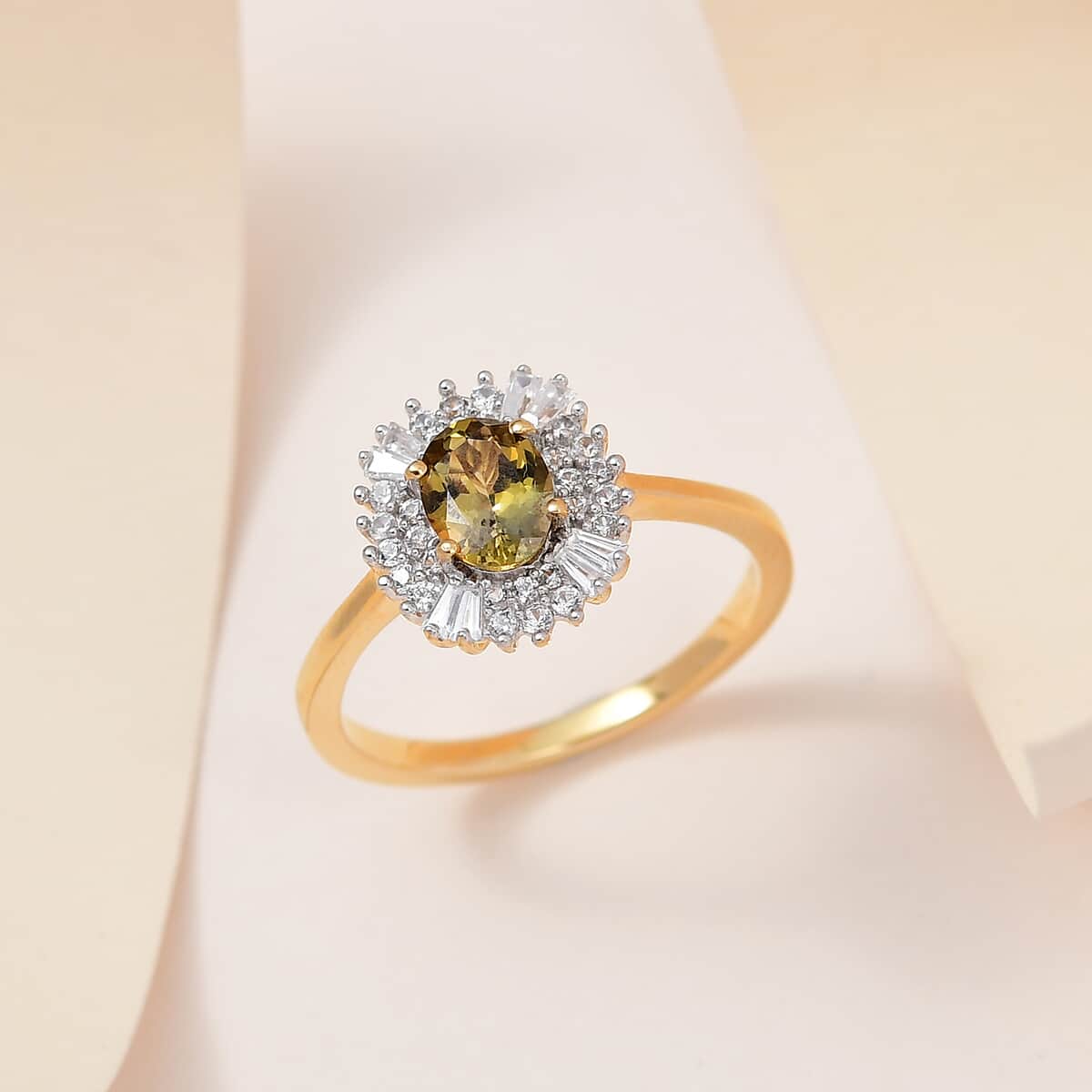 Premium Natural Golden Tanzanite and Natural White Zircon Double Halo Ring in Vermeil Yellow Gold Over Sterling Silver (Size 10.0) 1.60 ctw image number 1