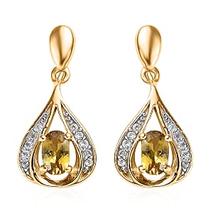 Premium Natural Golden Tanzanite and Natural White Zircon Dangle Earrings in Vermeil Yellow Gold Over Sterling Silver 0.65 ctw