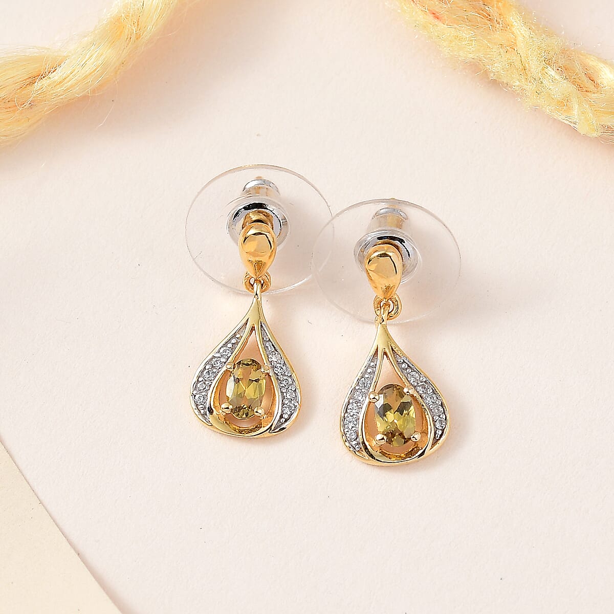 Premium Golden Tanzanite and White Zircon Dangle Earrings in Vermeil Yellow Gold Over Sterling Silver 0.65 ctw image number 1
