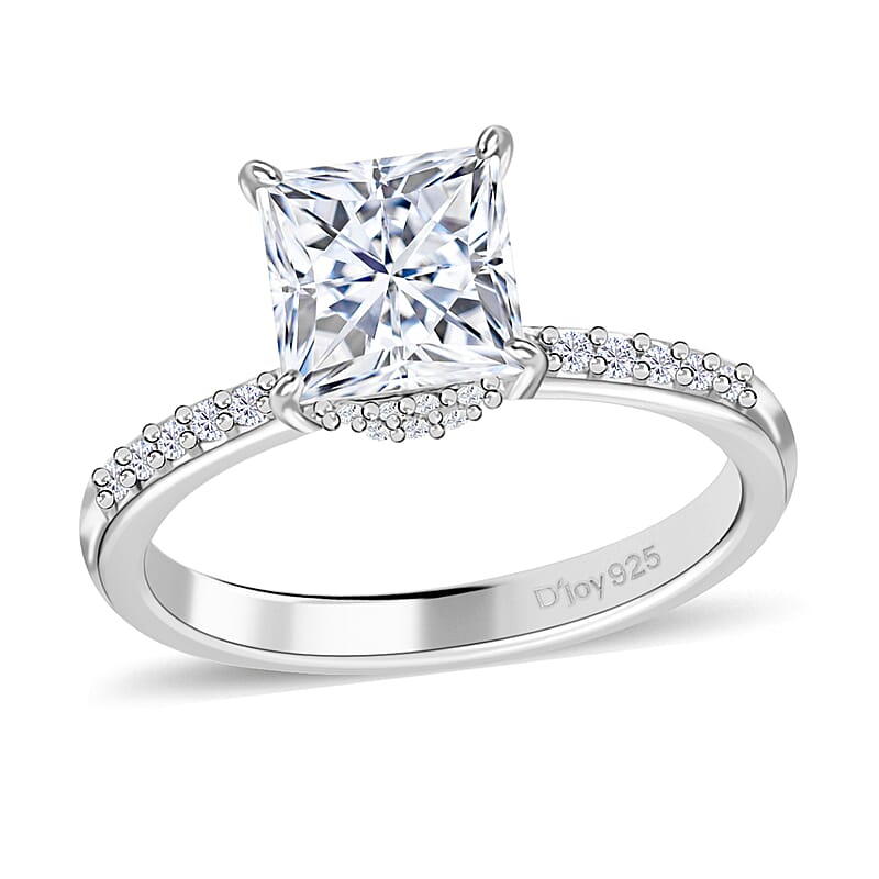 Princess Cut Moissanite Ring in Platinum Over Sterling Silver, Promise Rings (Size 10.0) 2.00 ctw