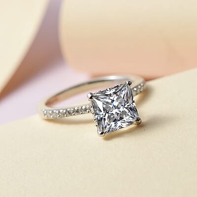 Princess Cut Moissanite Ring in Platinum Over Sterling Silver, Promise Rings (Size 10.0) 2.00 ctw