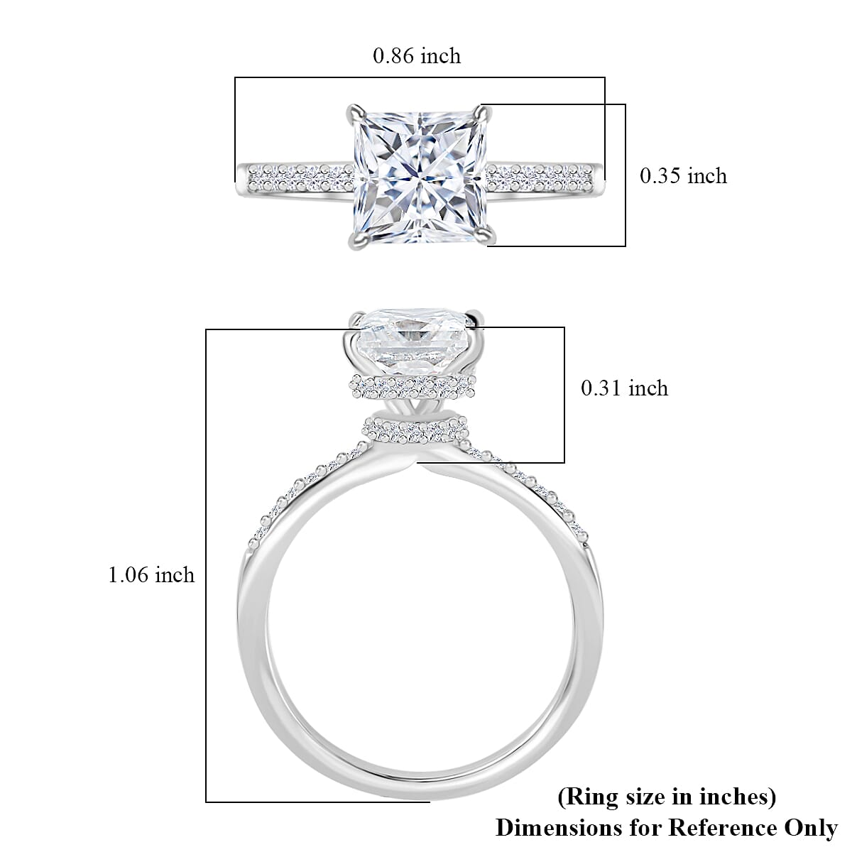 Princess Cut Moissanite Ring in Platinum Over Sterling Silver, Promise Rings (Size 10.0) 2.00 ctw