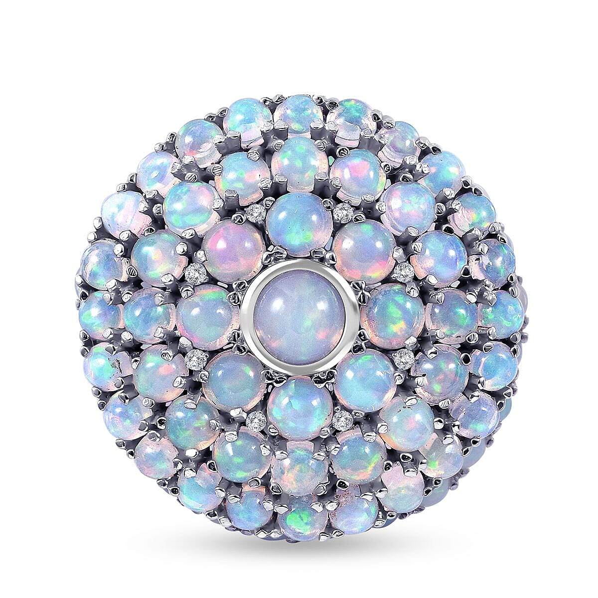 Ethiopian Welo Opal and White Zircon 5.50 ctw Ring in Platinum Over Sterling Silver (Size 6.5)
