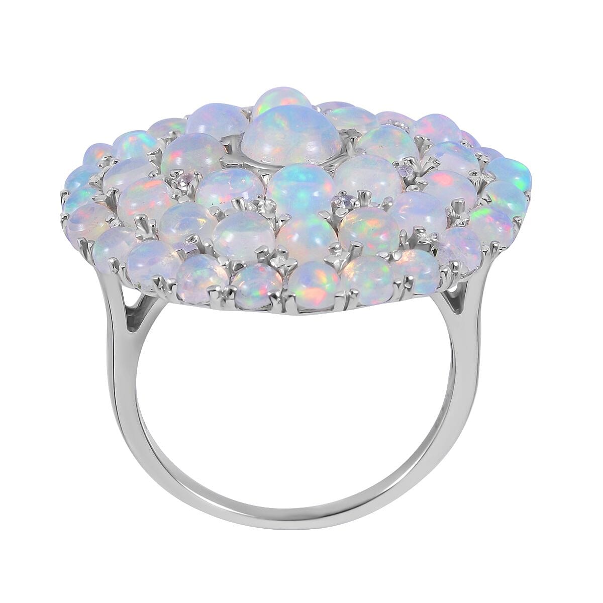 Ethiopian Welo Opal and White Zircon 5.50 ctw Ring in Platinum Over Sterling Silver (Size 6.5)