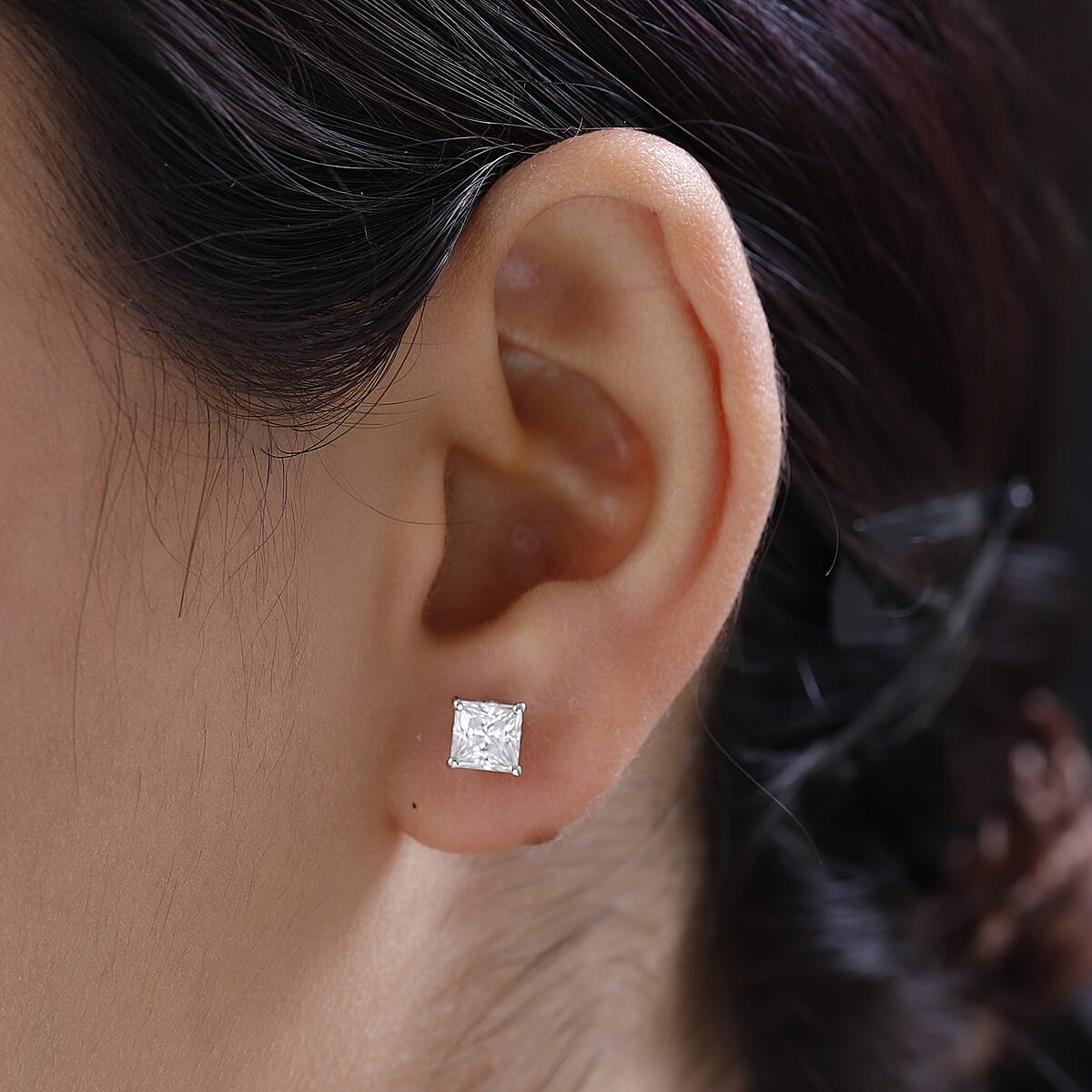 Princess Cut Moissanite Solitaire Stud Earrings in Platinum Over Sterling Silver 2.00 ctw image number 2