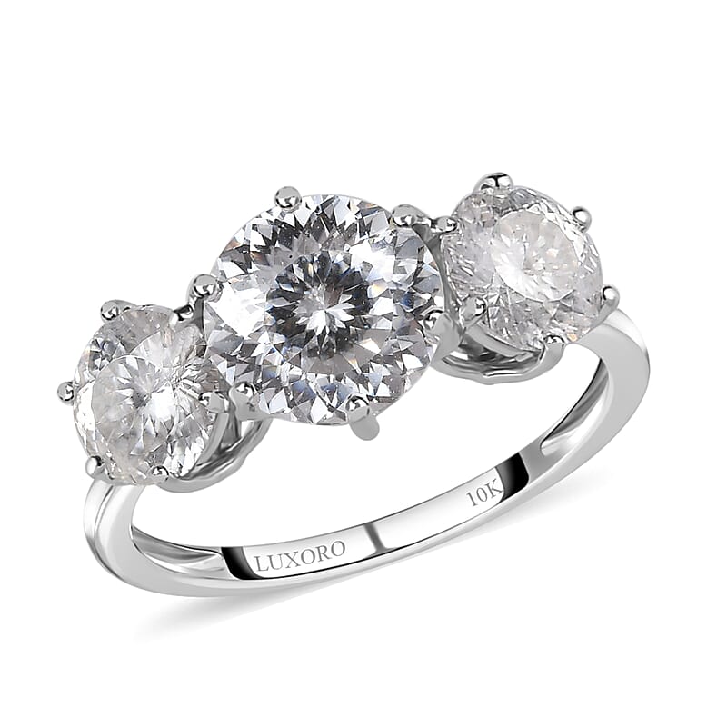 Luxoro 10K White Gold 120 Facets Moissanite 3 Stone Ring (Size 10.0) 3.35 ctw