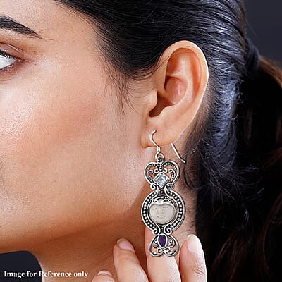 Bali Goddess Carved Bone and Sky Blue Topaz Floral Earrings in Sterling Silver 0.85 ctw
