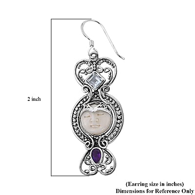 Bali Goddess Carved Bone and Sky Blue Topaz Floral Earrings in Sterling Silver 0.85 ctw