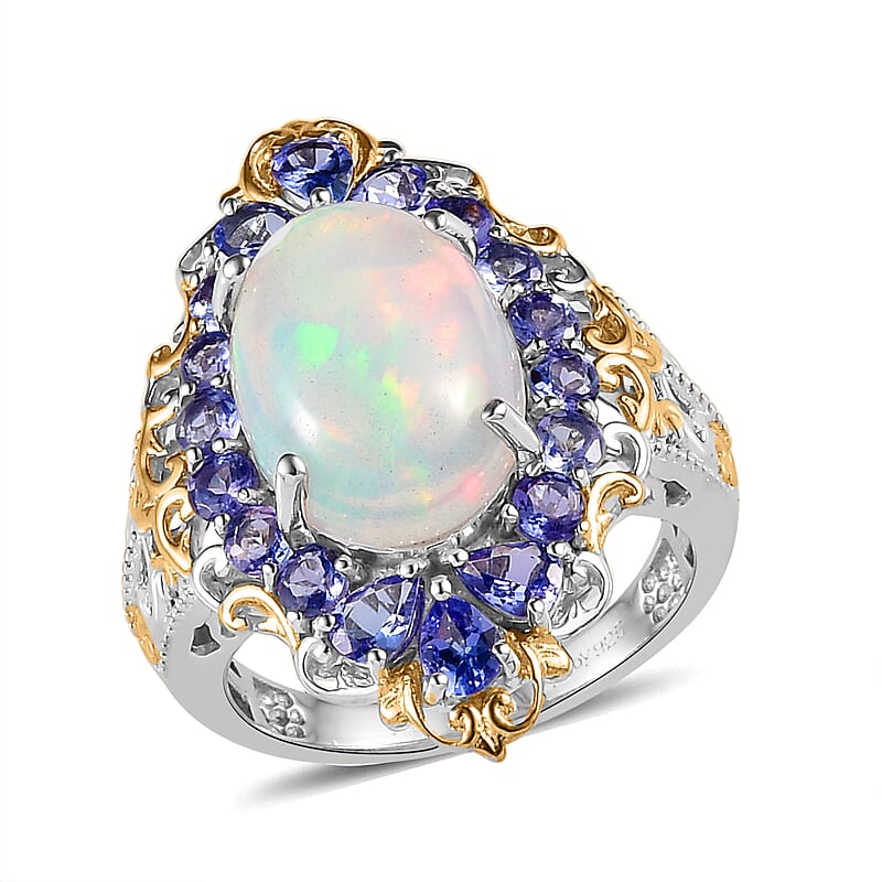 Premium Ethiopian Welo Opal and Tanzanite Halo Ring in Vermeil Yellow Gold and Platinum Over Sterling Silver (Size 10.0) 4.60 ctw