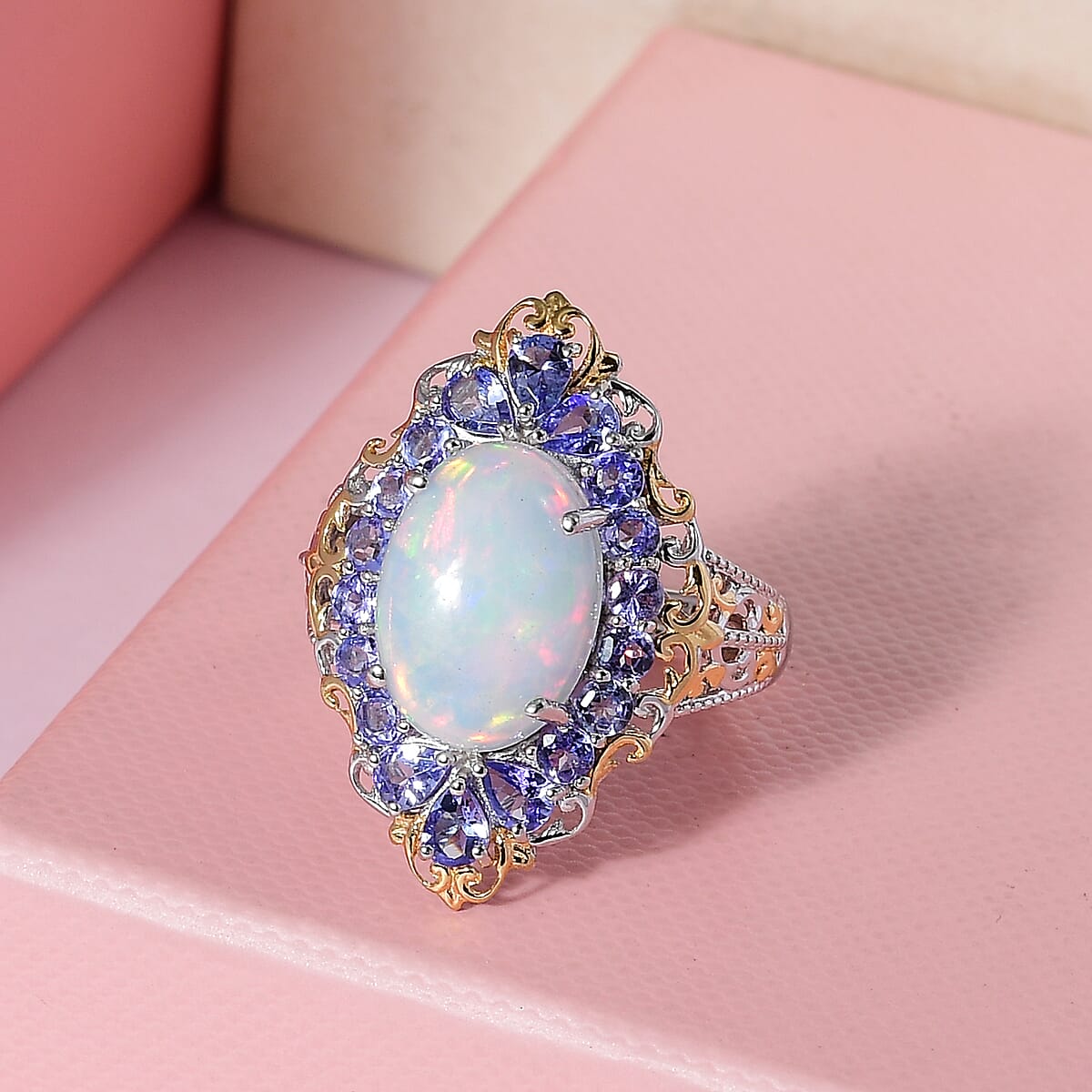 Premium Ethiopian Welo Opal and Tanzanite Halo Ring in Vermeil YG and Platinum Over Sterling Silver 4.30 ctw image number 1