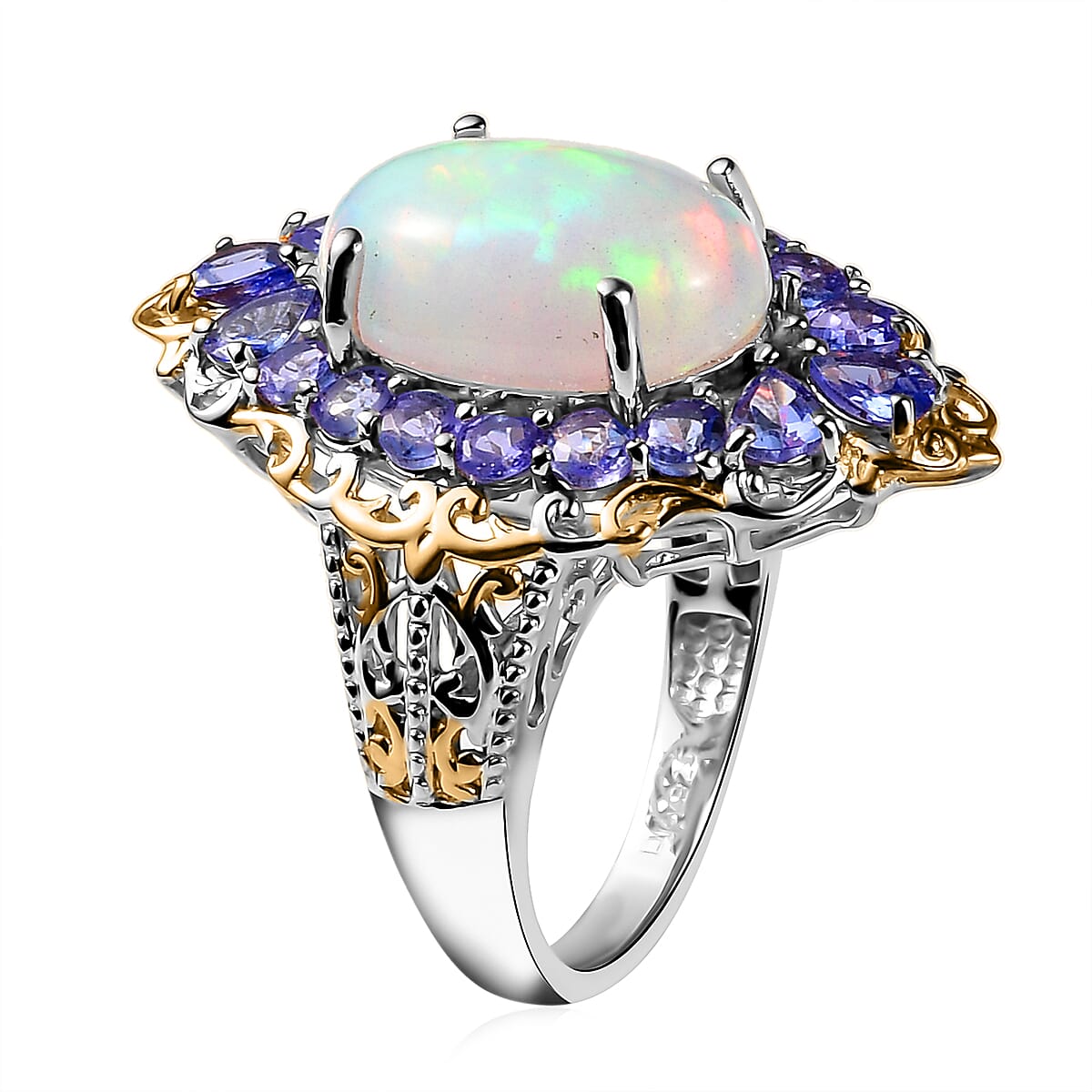 Premium Ethiopian Welo Opal and Tanzanite Halo Ring in Vermeil YG and Platinum Over Sterling Silver 4.30 ctw image number 3
