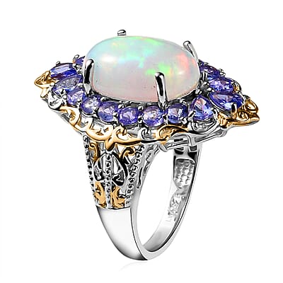 Premium Ethiopian Welo Opal and Tanzanite Halo Ring in Vermeil Yellow Gold and Platinum Over Sterling Silver (Size 10.0) 4.60 ctw