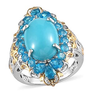 D'Joy Premium Sleeping Beauty Turquoise and Neon Apatite Halo Ring in Vermeil Yellow Gold and Platinum Over Sterling Silver (Size 9.0) 7.25 ctw