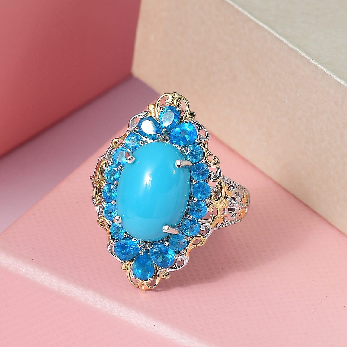 D'Joy Premium Sleeping Beauty Turquoise and Neon Apatite Halo Ring in Vermeil Yellow Gold and Platinum Over Sterling Silver (Size 9.0) 7.25 ctw image number 1