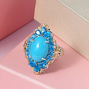 D'Joy Premium Sleeping Beauty Turquoise and Neon Apatite Halo Ring in Vermeil Yellow Gold and Platinum Over Sterling Silver (Size 9.0) 7.25 ctw