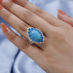 D'Joy Premium Sleeping Beauty Turquoise and Neon Apatite Halo Ring in Vermeil Yellow Gold and Platinum Over Sterling Silver (Size 9.0) 7.25 ctw