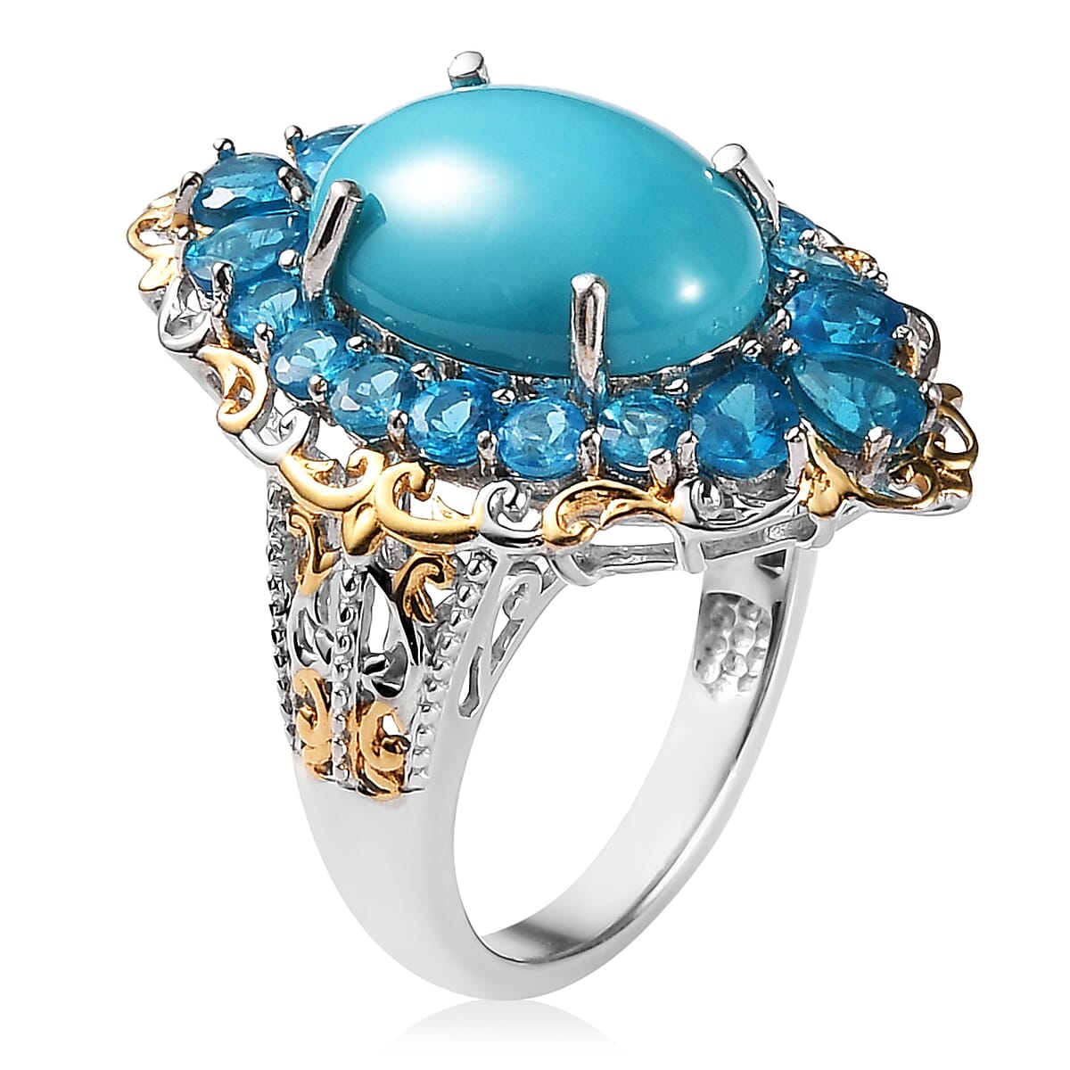 D'Joy Premium Sleeping Beauty Turquoise and Neon Apatite Halo Ring in Vermeil Yellow Gold and Platinum Over Sterling Silver (Size 9.0) 7.25 ctw image number 3