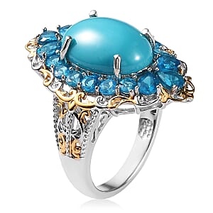 D'Joy Premium Sleeping Beauty Turquoise and Neon Apatite Halo Ring in Vermeil Yellow Gold and Platinum Over Sterling Silver (Size 9.0) 7.25 ctw