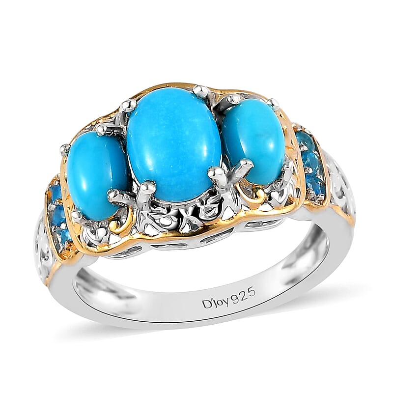 Sleeping Beauty Turquoise and Malgache Neon Apatite Ring in Vermeil Yellow Gold and Platinum Over Sterling Silver (Size 10.0) 2.10 ctw