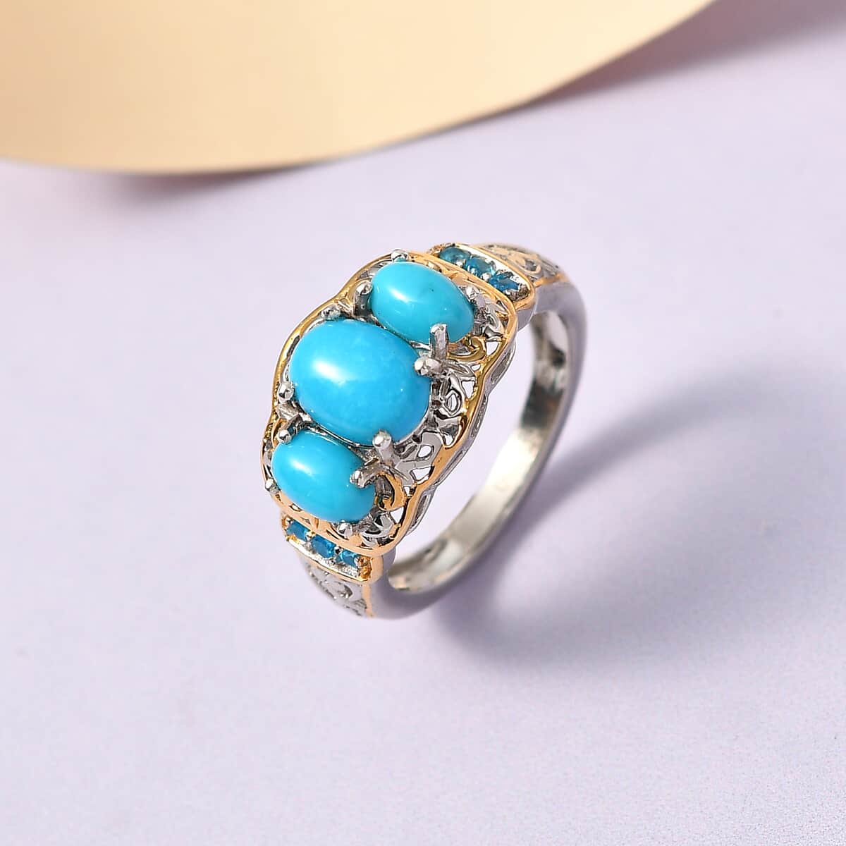 American Natural Sleeping Beauty Turquoise and Malgache Neon Apatite Ring in Vermeil Yellow Gold and Platinum Over Sterling Silver 2.10 ctw image number 1