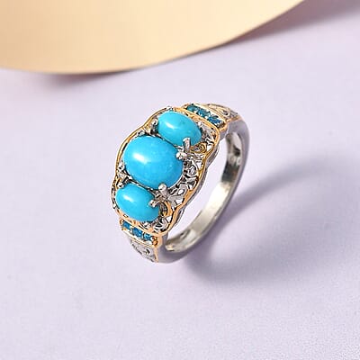 Sleeping Beauty Turquoise and Malgache Neon Apatite Ring in Vermeil Yellow Gold and Platinum Over Sterling Silver (Size 10.0) 2.10 ctw