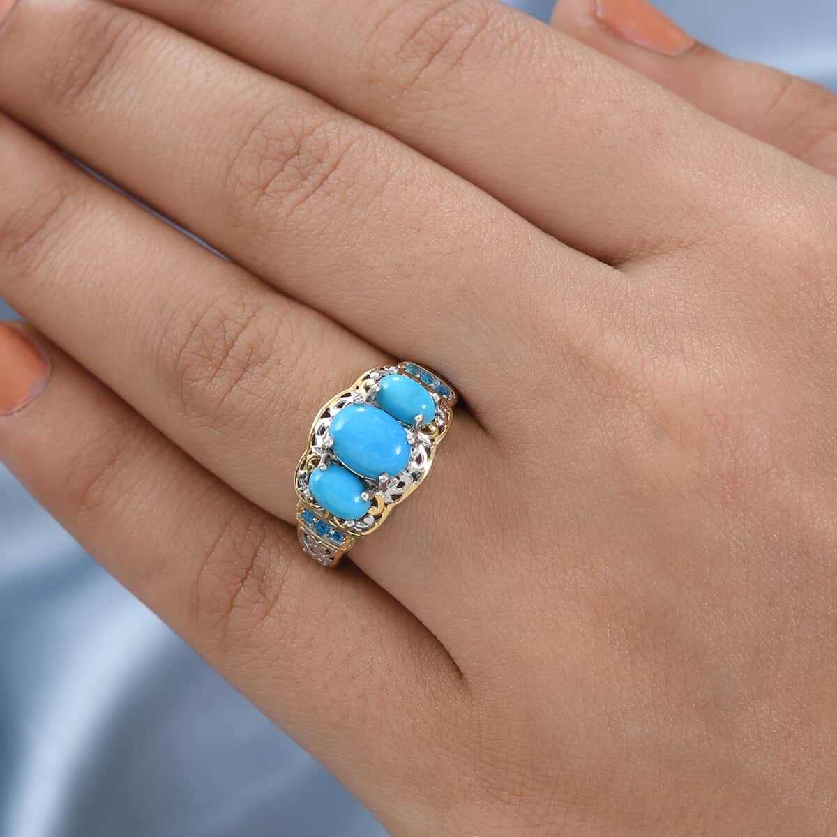 American Natural Sleeping Beauty Turquoise and Malgache Neon Apatite Ring in Vermeil Yellow Gold and Platinum Over Sterling Silver 2.10 ctw image number 2