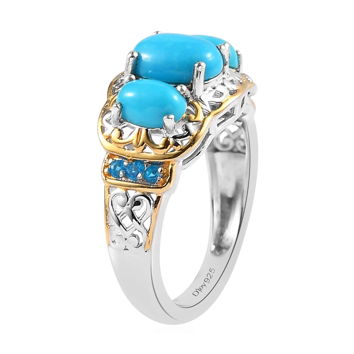 American Natural Sleeping Beauty Turquoise and Malgache Neon Apatite Ring in Vermeil Yellow Gold and Platinum Over Sterling Silver 2.10 ctw image number 3