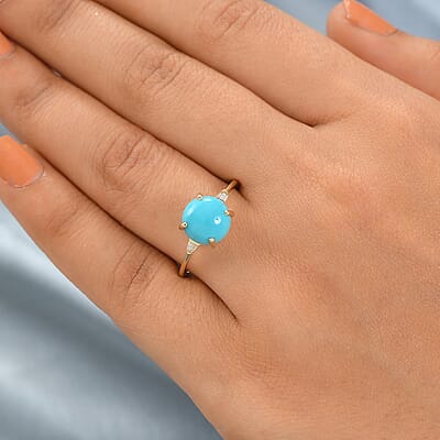 Luxoro 10K Yellow Gold Premium Sleeping Beauty Turquoise and Diamond Ring (Size 10.0) 2.40 ctw