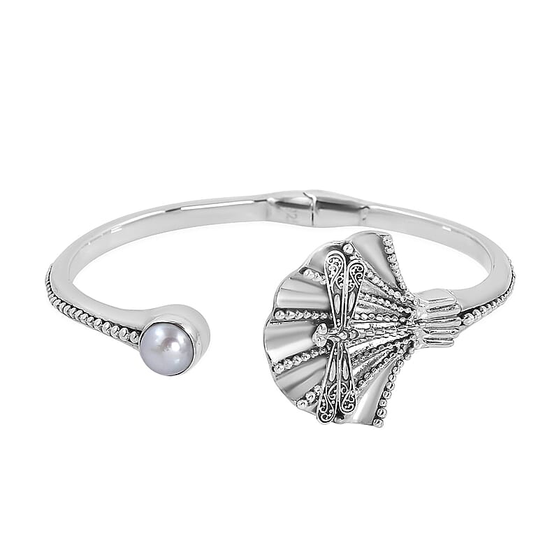 Bali Legacy White Pearl Floral Dragonfly Bracelet in Sterling Silver (7.50 In)